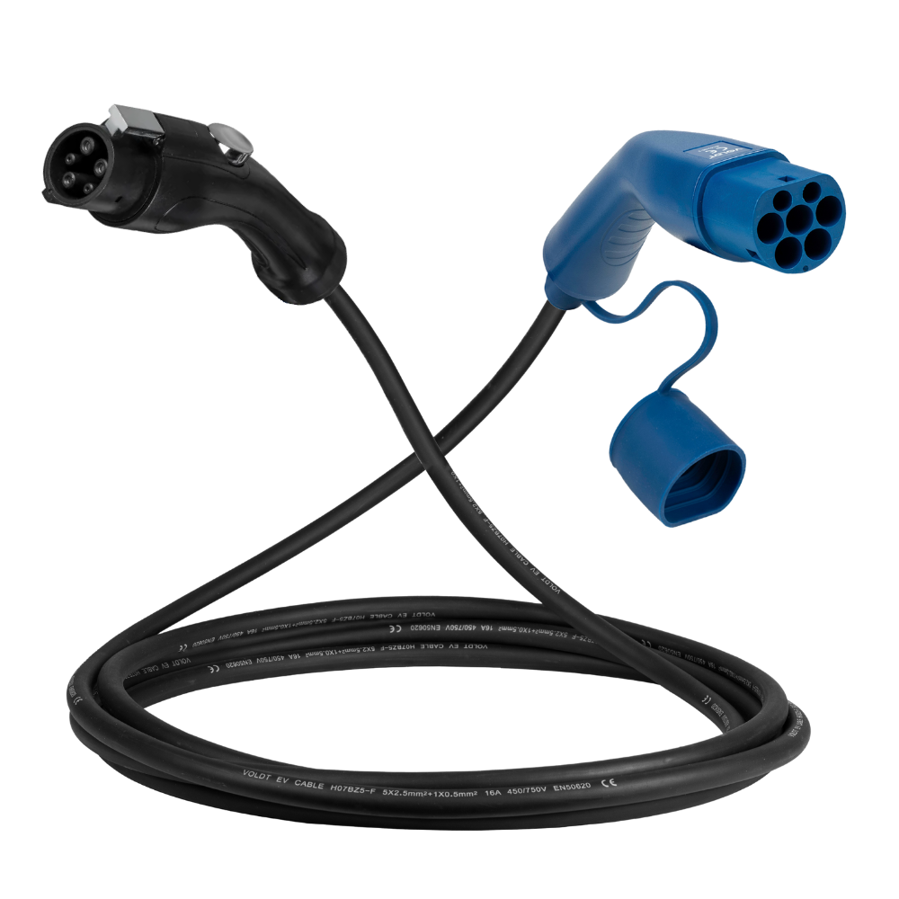 Typ 1 - typ 2 | 1 fas | 32a | 7,4 kW laddkabel