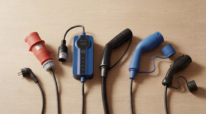 Voldt® EV charging cable range with red CEE plug, control box and Type 2 connectors laid out on wood