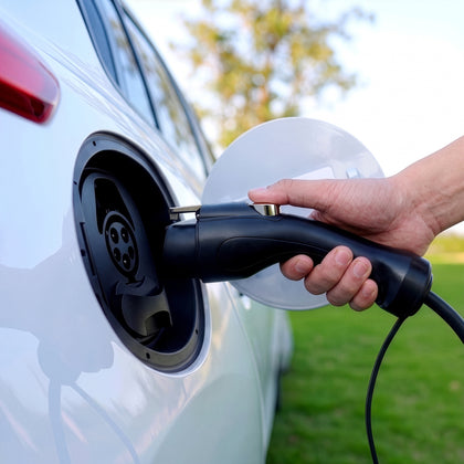 Type 1 connector of the Voldt® Portable Charger being plugged into a white electric car